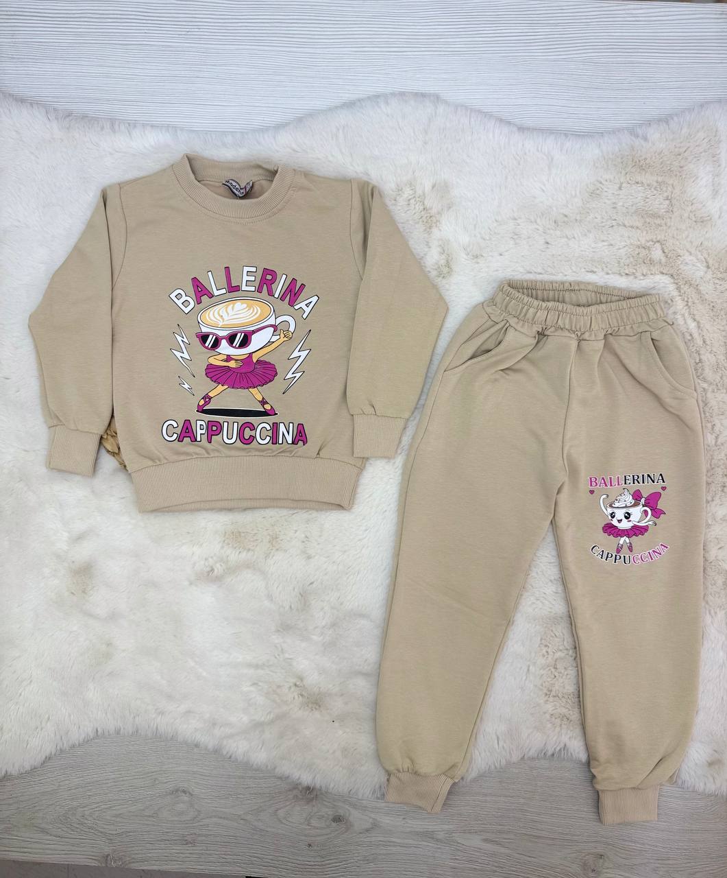 4-10 Yaş Ballerina Cappicino Baskılı 2 İplik Takım - SÜTLÜ KAHVE