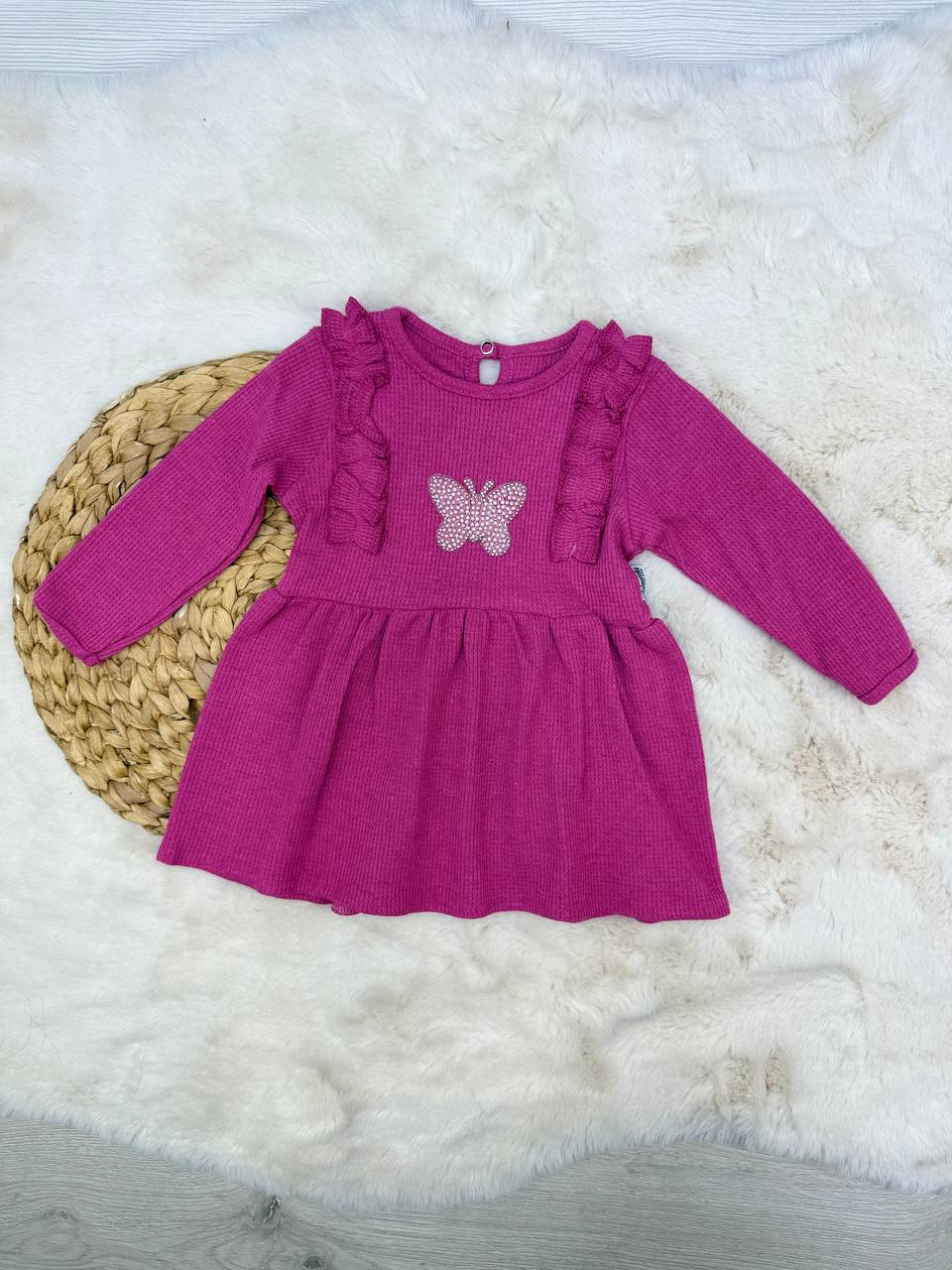 1-4 Yaş Waffle Kumaş Kelebek Model Elbise - FUŞYA