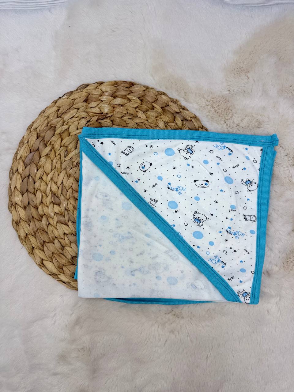 80x90 cm Penye Ayı Zürafa Baskılı Tek Kat Battaniye Kundak  - MAVİ