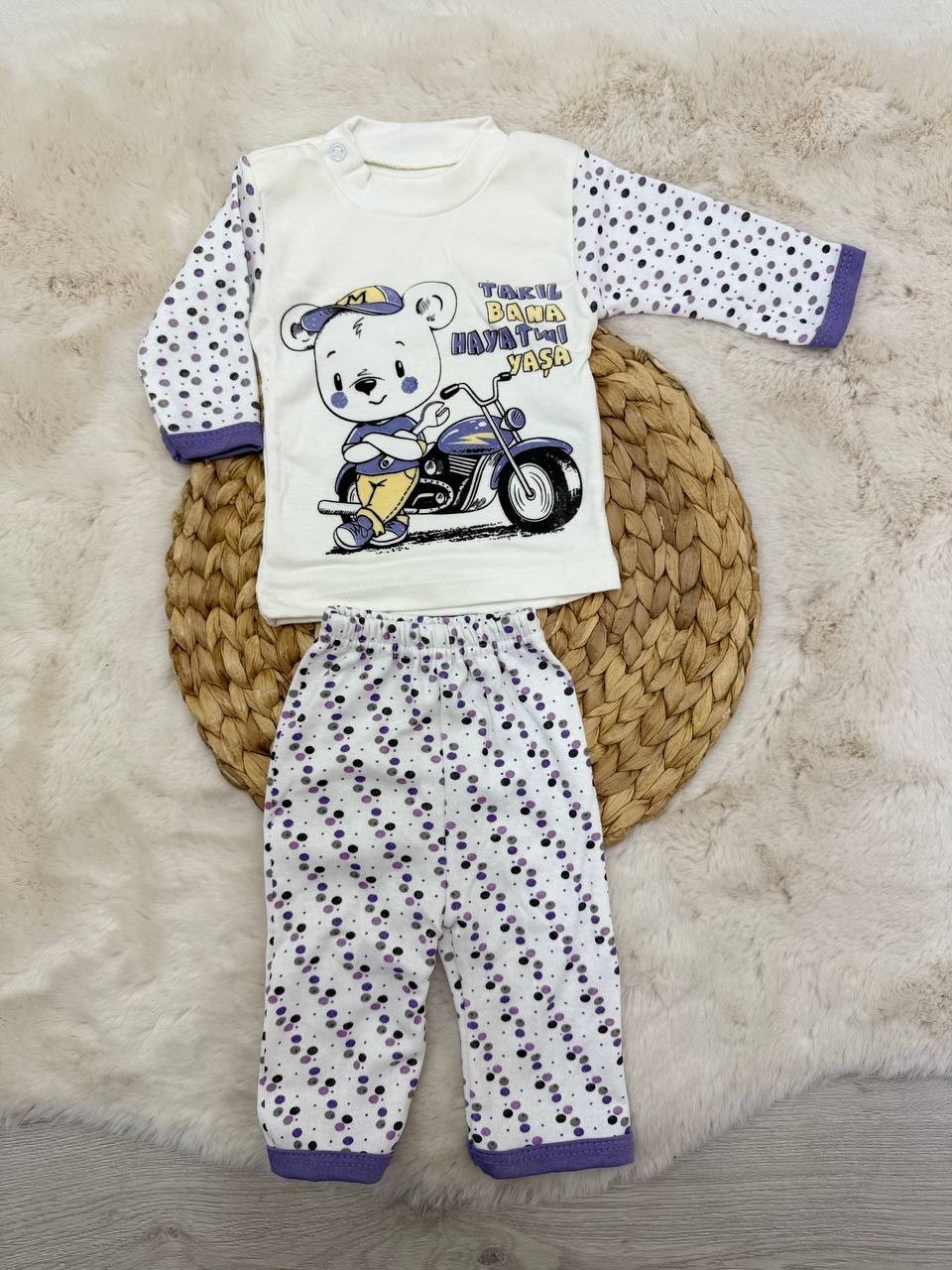 0-3 Ay Bu Motorsiklet Ayıcık Baskılı Takım - MOR