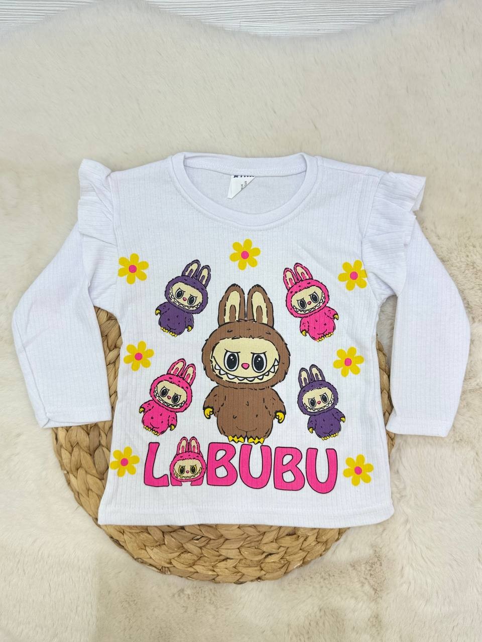 3-12 Yaş Labubu Baskılı Fırfırlı Kız Sweatshirt - BEYAZ