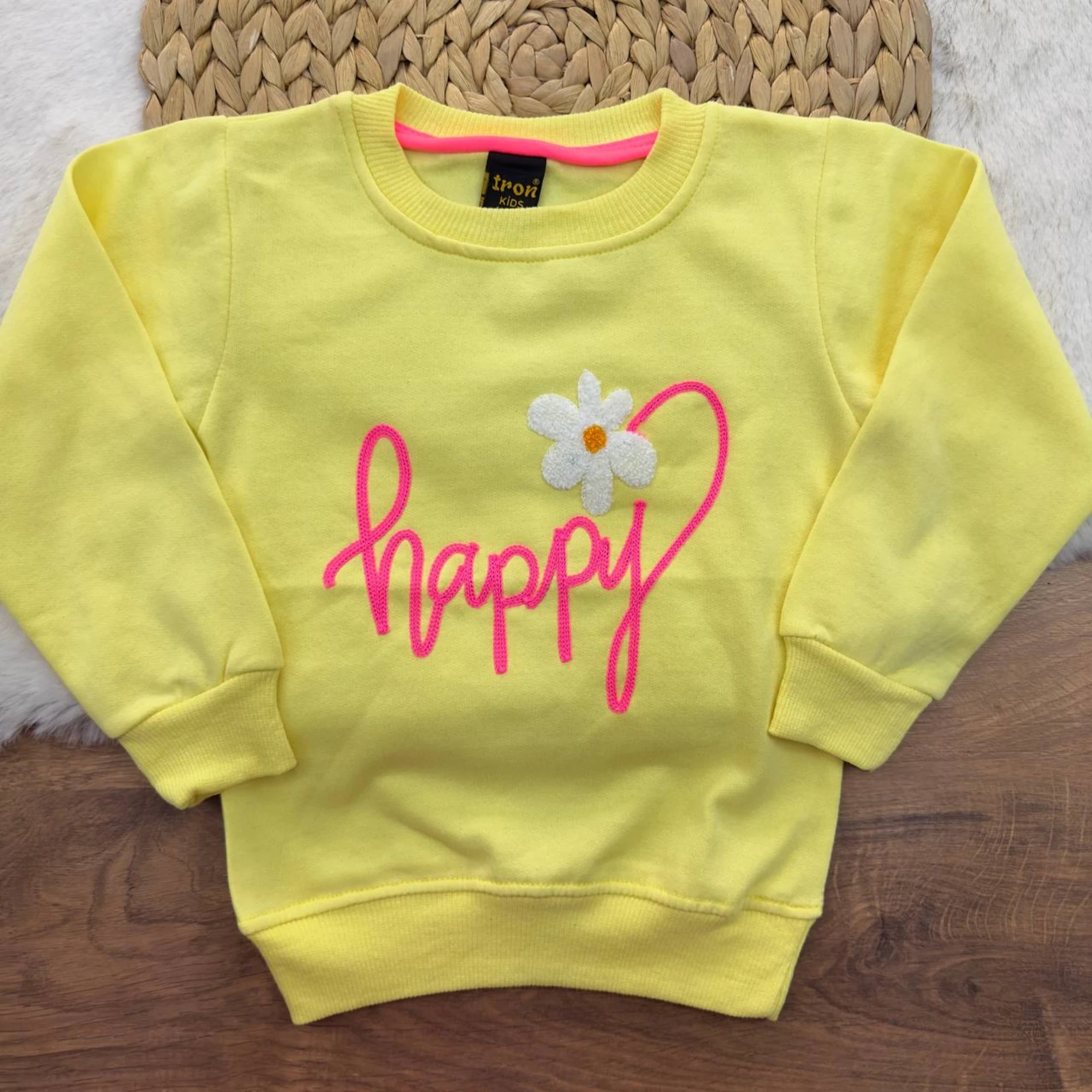 3-12 Yaş Happy Nakışlı 2 İp Şardonlu Sweatshirt Sarı