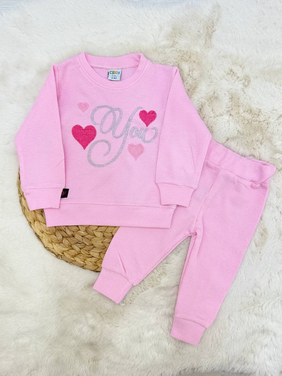 9-24 Ay You Nakışlı Waffle Takım - PEMBE