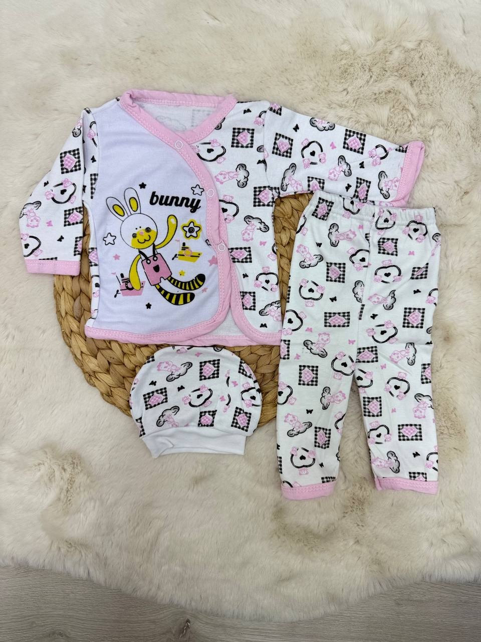 0-3 Ay Bunny Şapkalı 3 lü Takım - PEMBE
