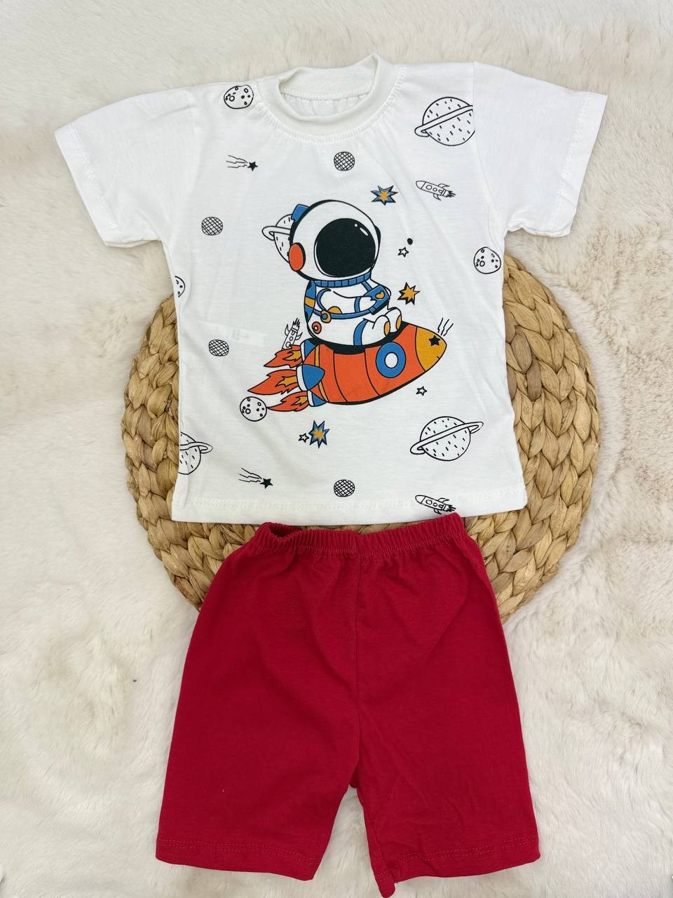 3-12 Ay Astronot Roket Baskılı Penye Takım  - KIRMIZI