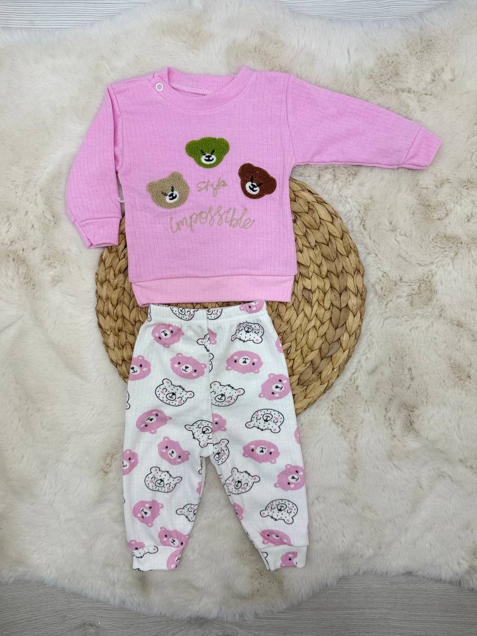 6-18 Ay 3 Ayıcık Nakışlı Fitilli Takım - PEMBE