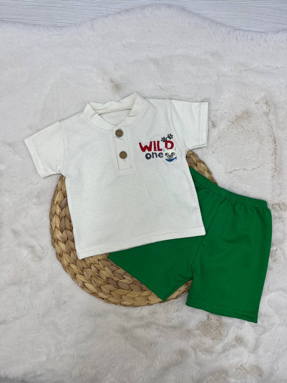 6-12 Ay Wild One Nakışlı Düğmeli Takım - YEŞİL