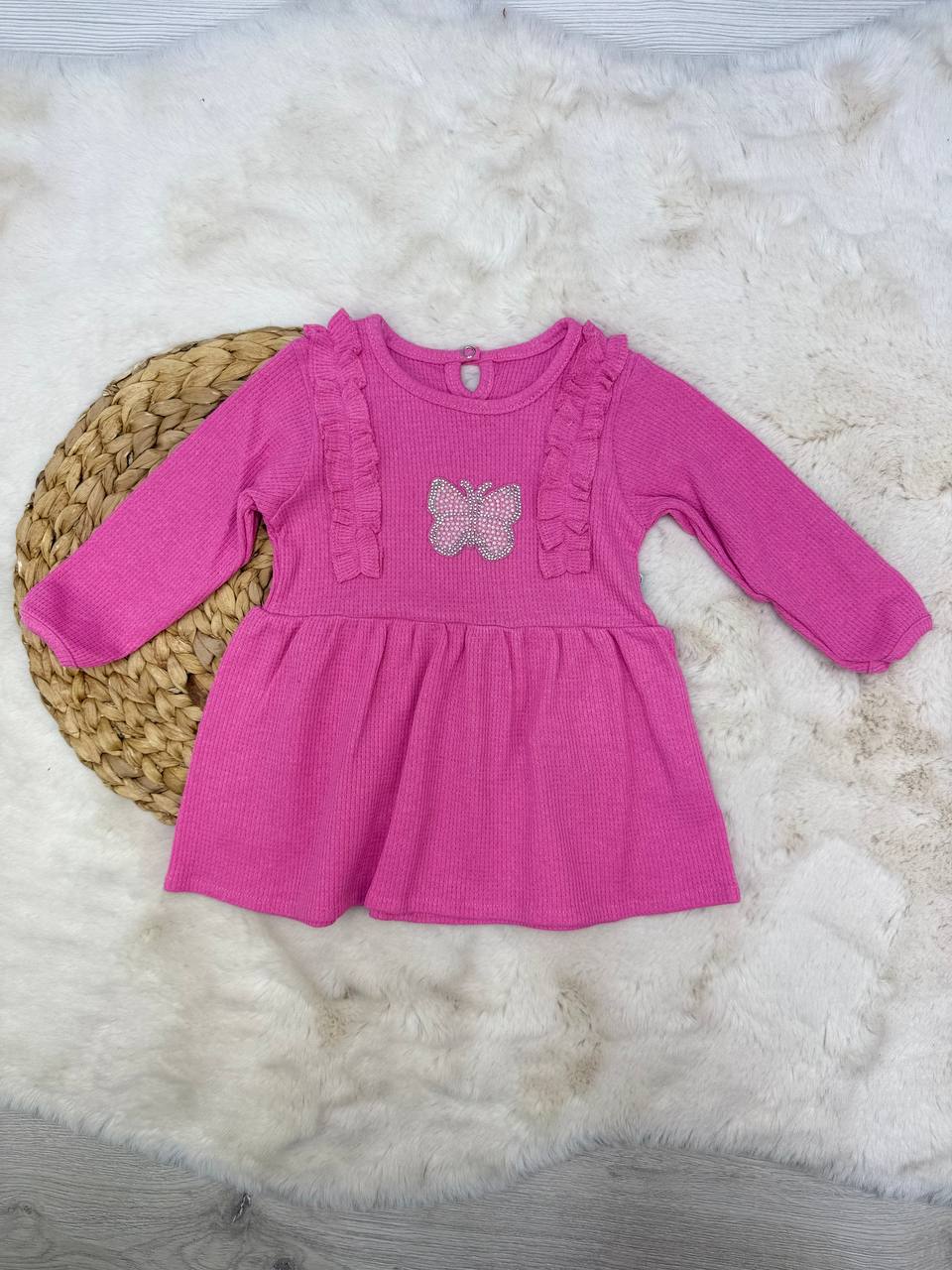 1-4 Yaş Waffle Kumaş Kelebek Model Elbise - PEMBE