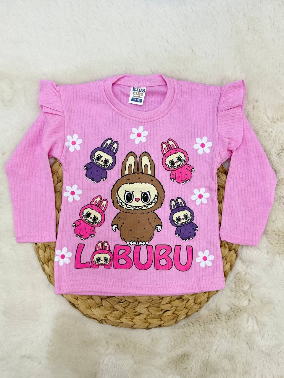 3-12 Yaş Labubu Baskılı Fırfırlı Kız Sweatshirt - PEMBE