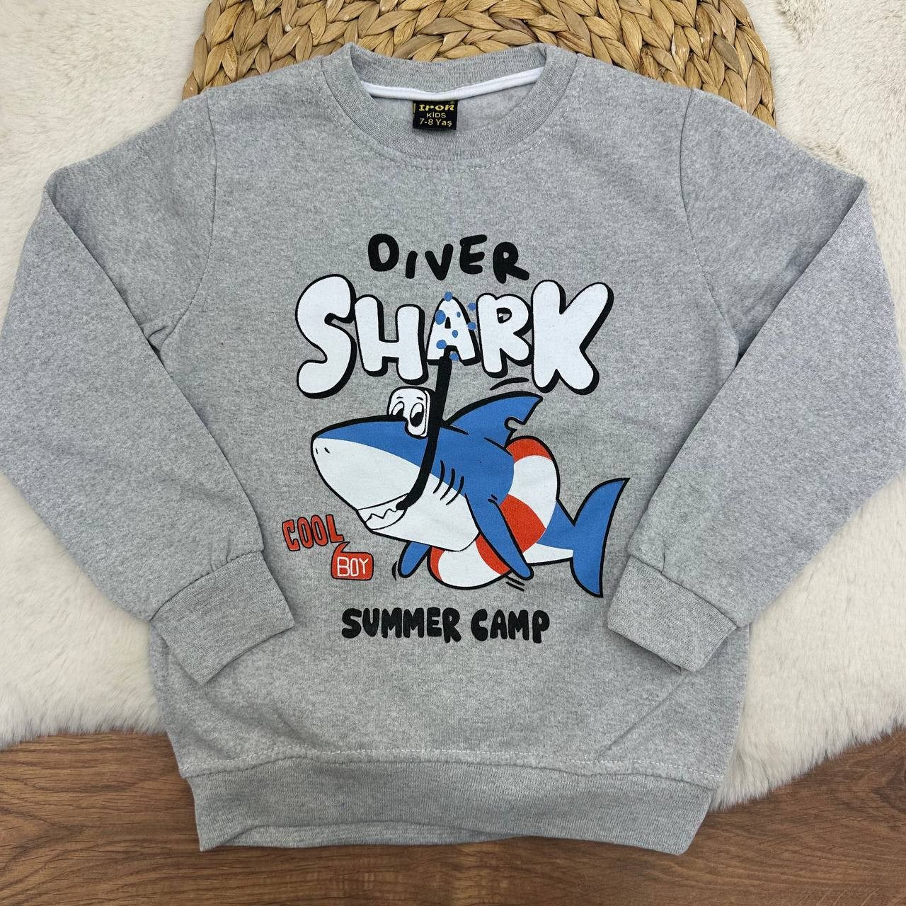 3-12 Yaş Shark Desenli 2 İp Şardonlu Sweatshirt - GRİ