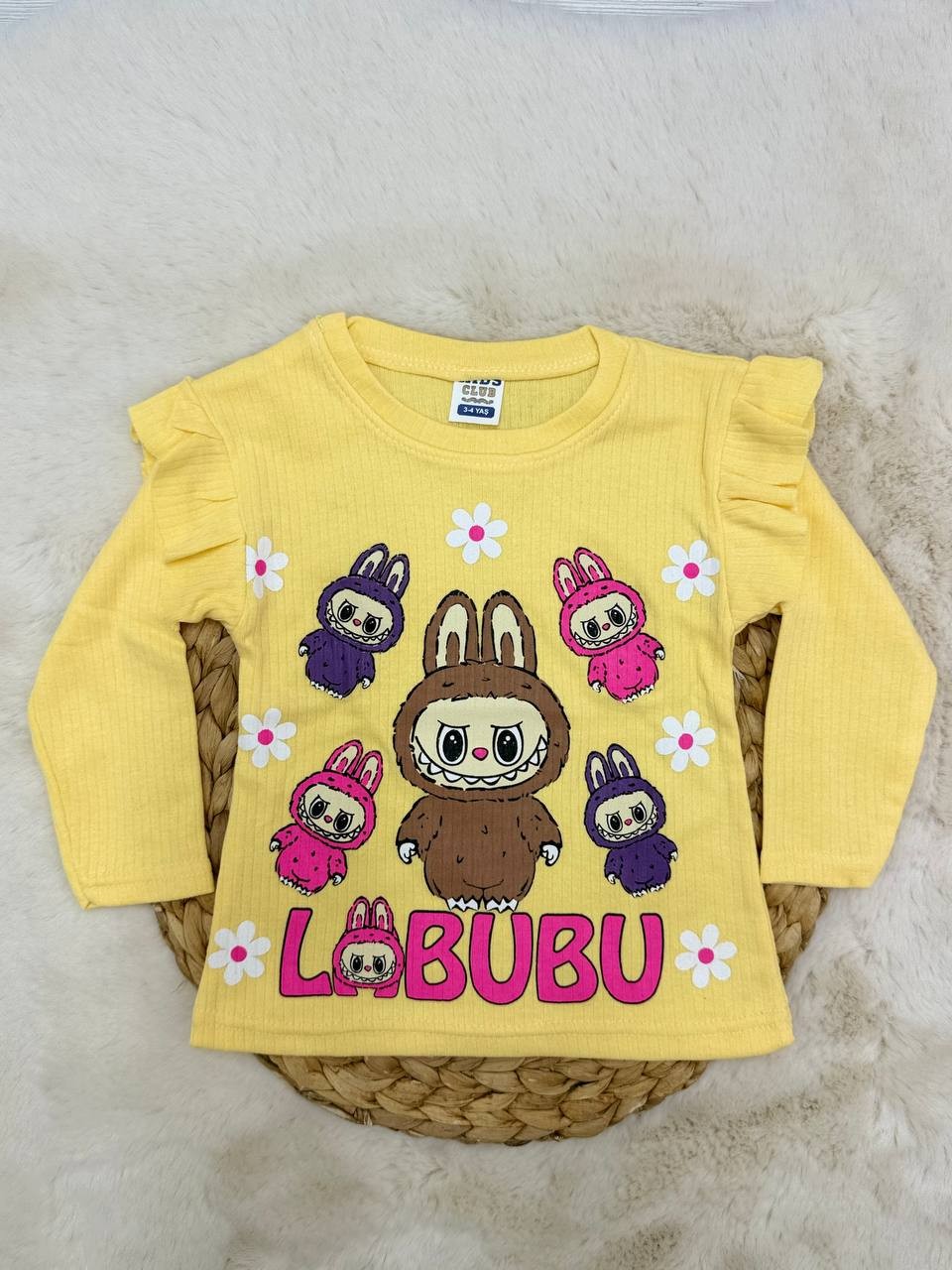 3-12 Yaş Labubu Baskılı Fırfırlı Kız Sweatshirt - SARI