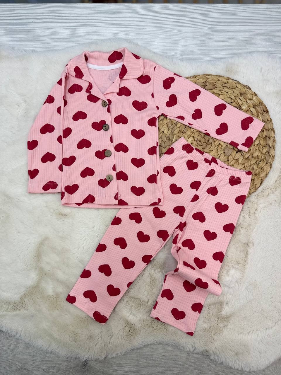 2-10 Yaş Fitilli Baskılı Kız Pijama Takımı  - PEMBE