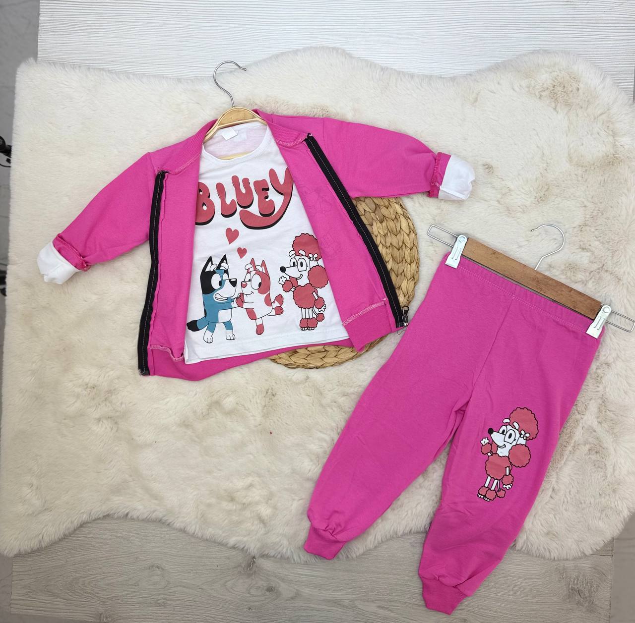 2-10 Yaş Bluey Baskılı Ceketli 3 lü Takım - PEMBE