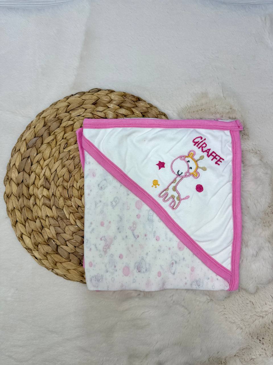 80x90 cm Penye Zürafa Nakışlı Tek Kat Battaniye Kundak  - PEMBE