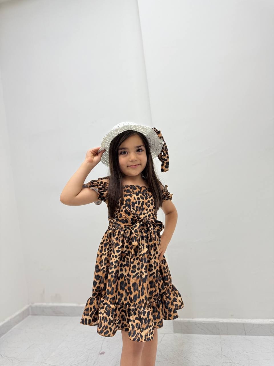 2-5 Yaş Leopar Desenli Şapkalı Elbise
