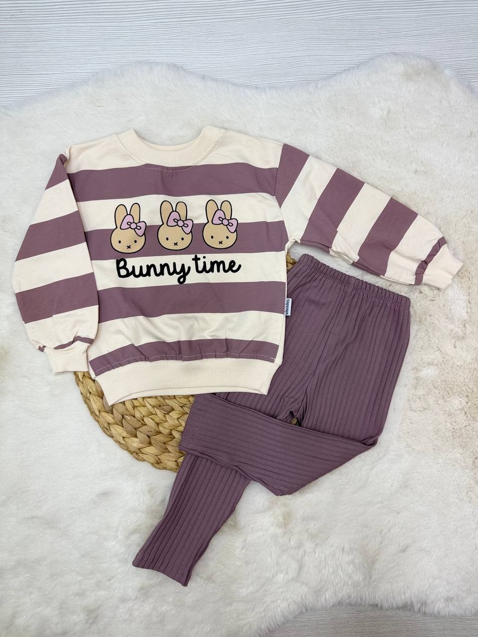 2-5 Yaş Bunny Time Baskılı Taytlı Takım - PATLICAN MOR