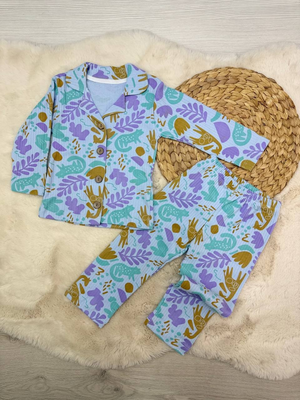 2-10 Yaş Fitilli Baskılı Kız Pijama Takımı  - MOR
