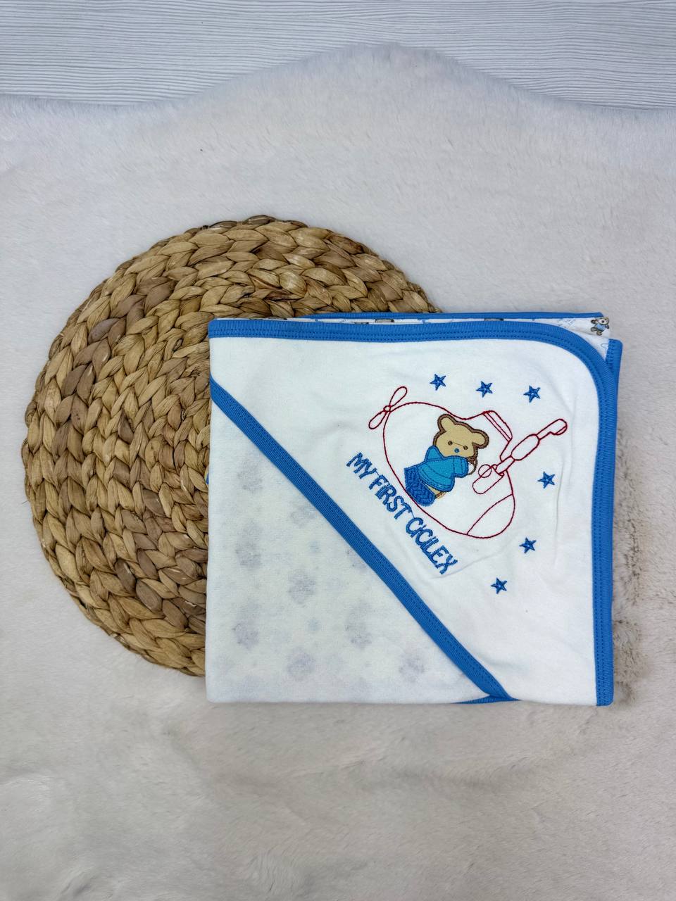 80x90 cm Penye Ayıcık Nakışlı Tek Kat Battaniye Kundak  - MAVİ