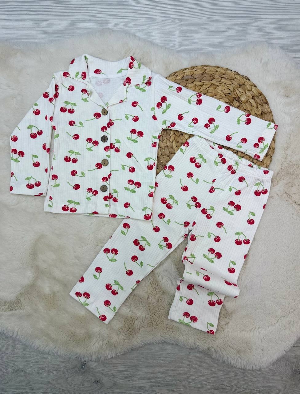2-10 Yaş Fitilli Baskılı Kız Pijama Takımı  - KIRMIZI