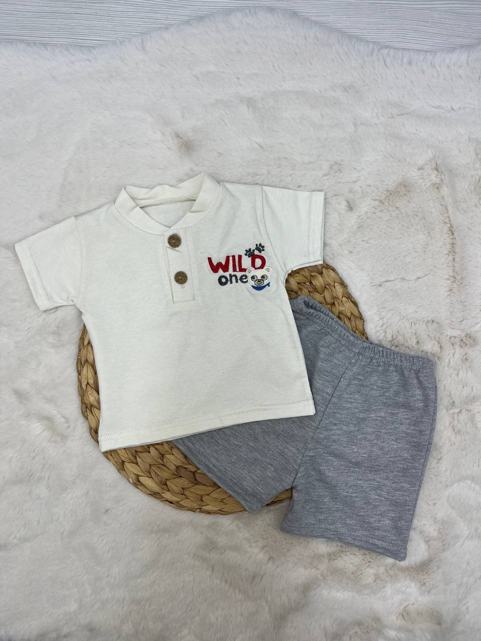 6-12 Ay Wild One Nakışlı Düğmeli Takım - GRİ