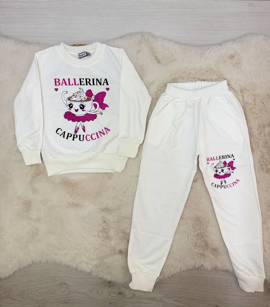 4-10 Yaş Ballerina Cappicino Baskılı 2 İplik Takım - BEYAZ