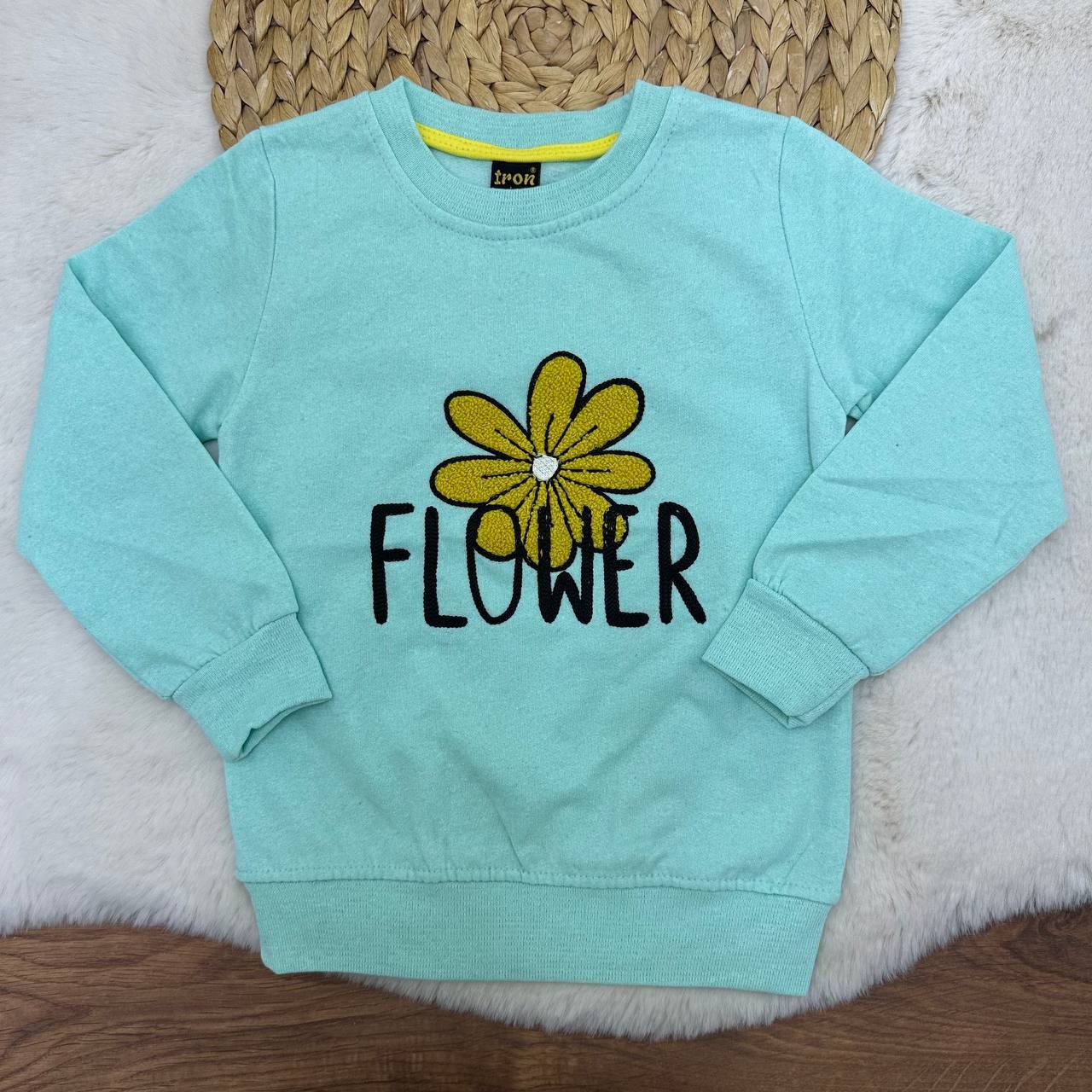 3-12 Yaş Flower Nakışlı 2 İp Şardonlu Sweatshirt - AÇIK YEŞİL