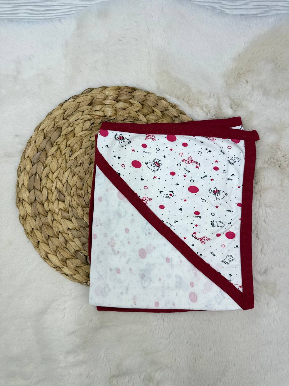 80x90 cm Penye Ayı Zürafa Baskılı Tek Kat Battaniye Kundak  - KIRMIZI