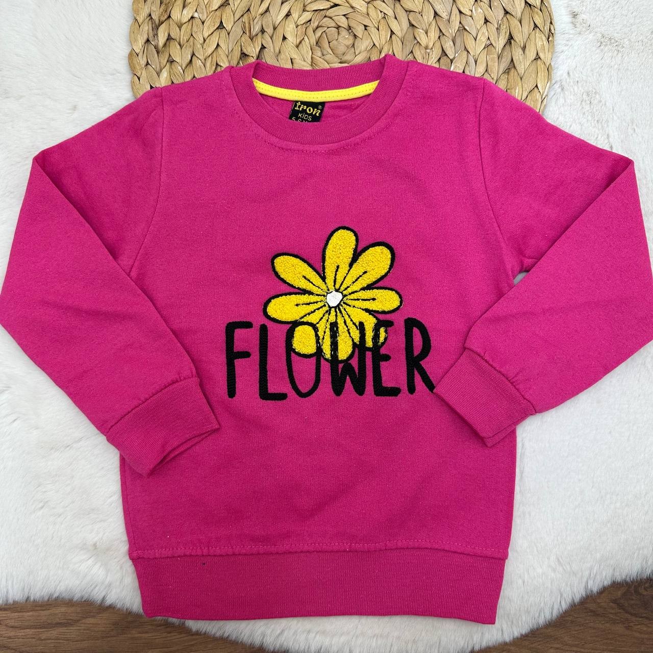 3-12 Yaş Flower Nakışlı 2 İp Şardonlu Sweatshirt - FUŞYA