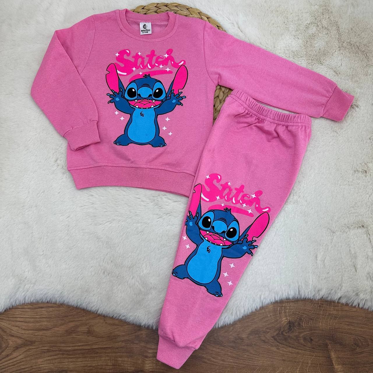 2-5 Yaş Stitch Desenli 2  iplik Şardonlu Çocuk Eşofman Takımı - PEMBE