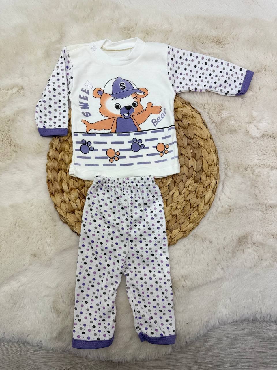 0-3 Ay Sweat Bear Şapkalı Ayı Baskılı Takım - MOR