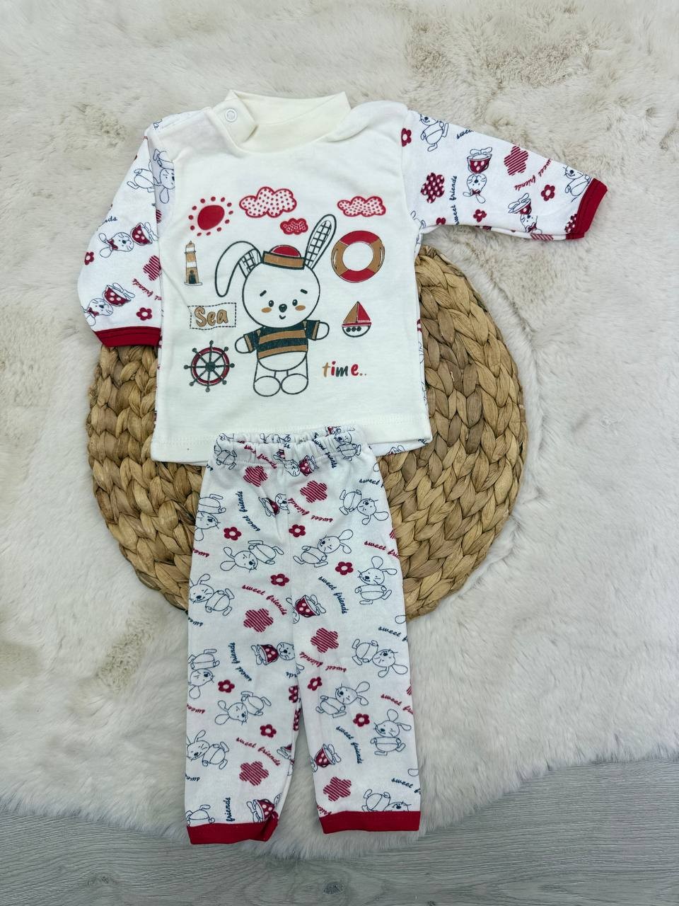 0-3 Ay Sea Time Tavşan Baskılı Takım  - KIRMIZI