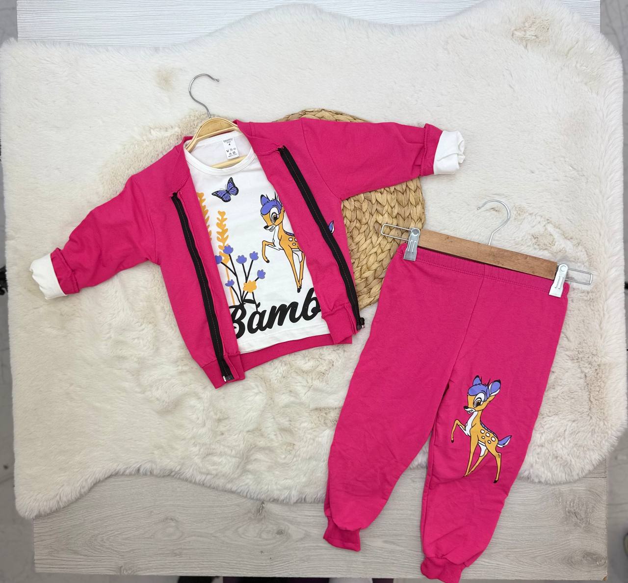 2-10 Yaş Bambi Baskılı Ceketli 3 lü Takım - FUŞYA