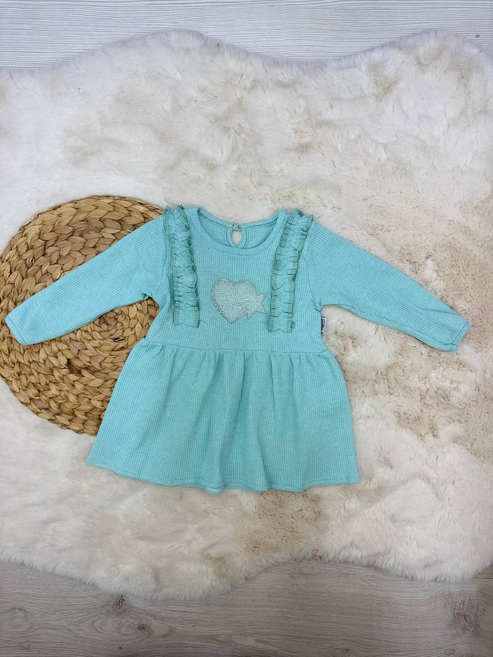 1-4 Yaş Waffle Kumaş Kalp Yıldız Model Elbise - MİNT