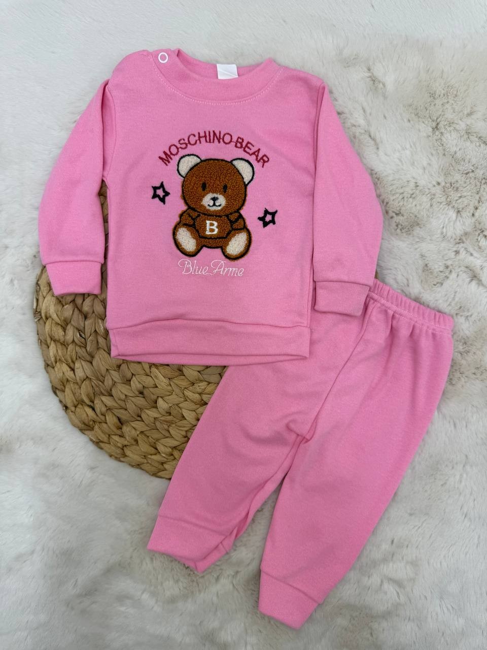 6-18 Ay Mos-Bear Blue Arme Nakışlı Takım - PEMBE