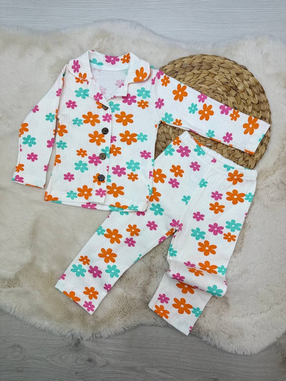 2-10 Yaş Fitilli Baskılı Kız Pijama Takımı  - TURUNCU