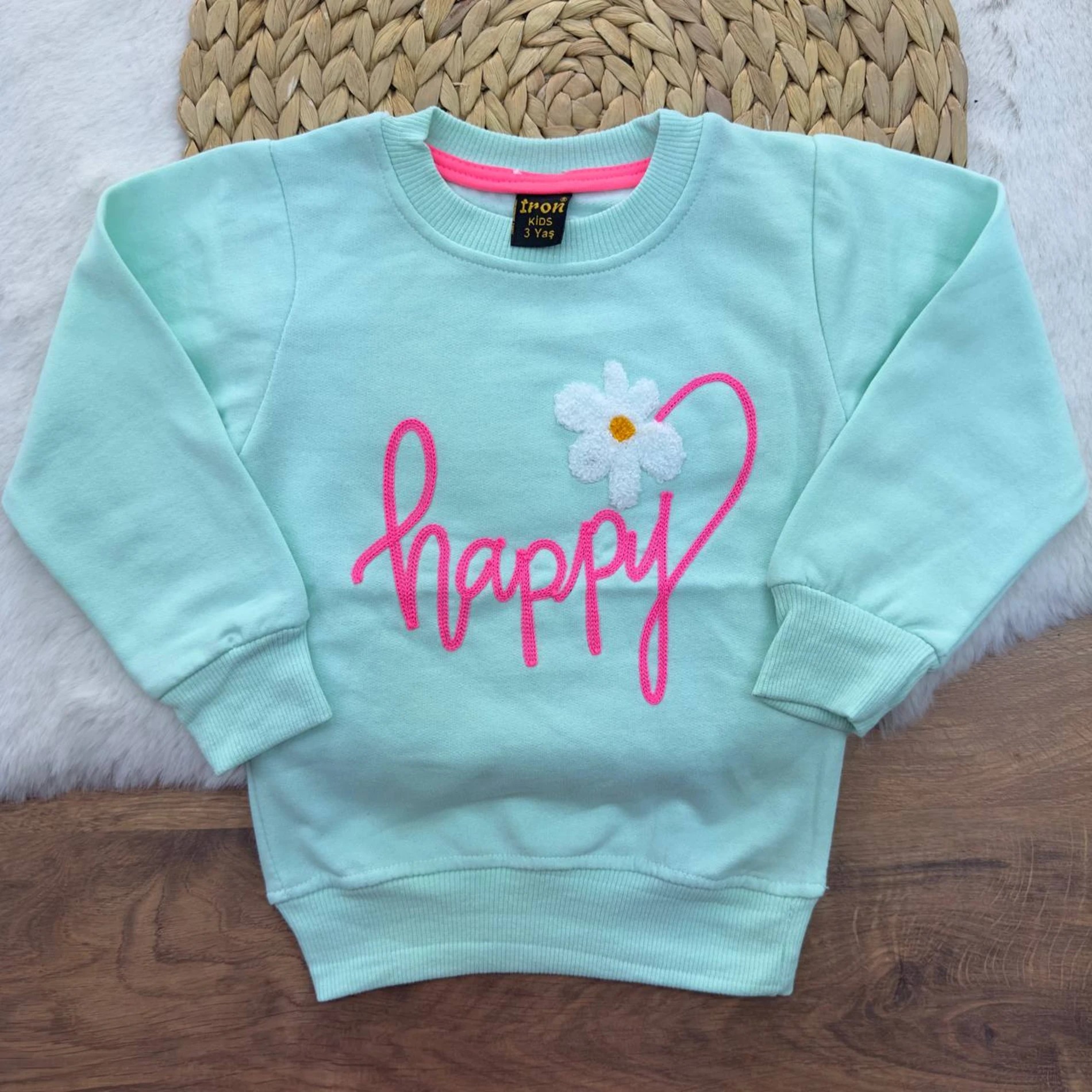 3-12 Yaş Happy Nakışlı 2 İp Şardonlu Sweatshirt Yeşil