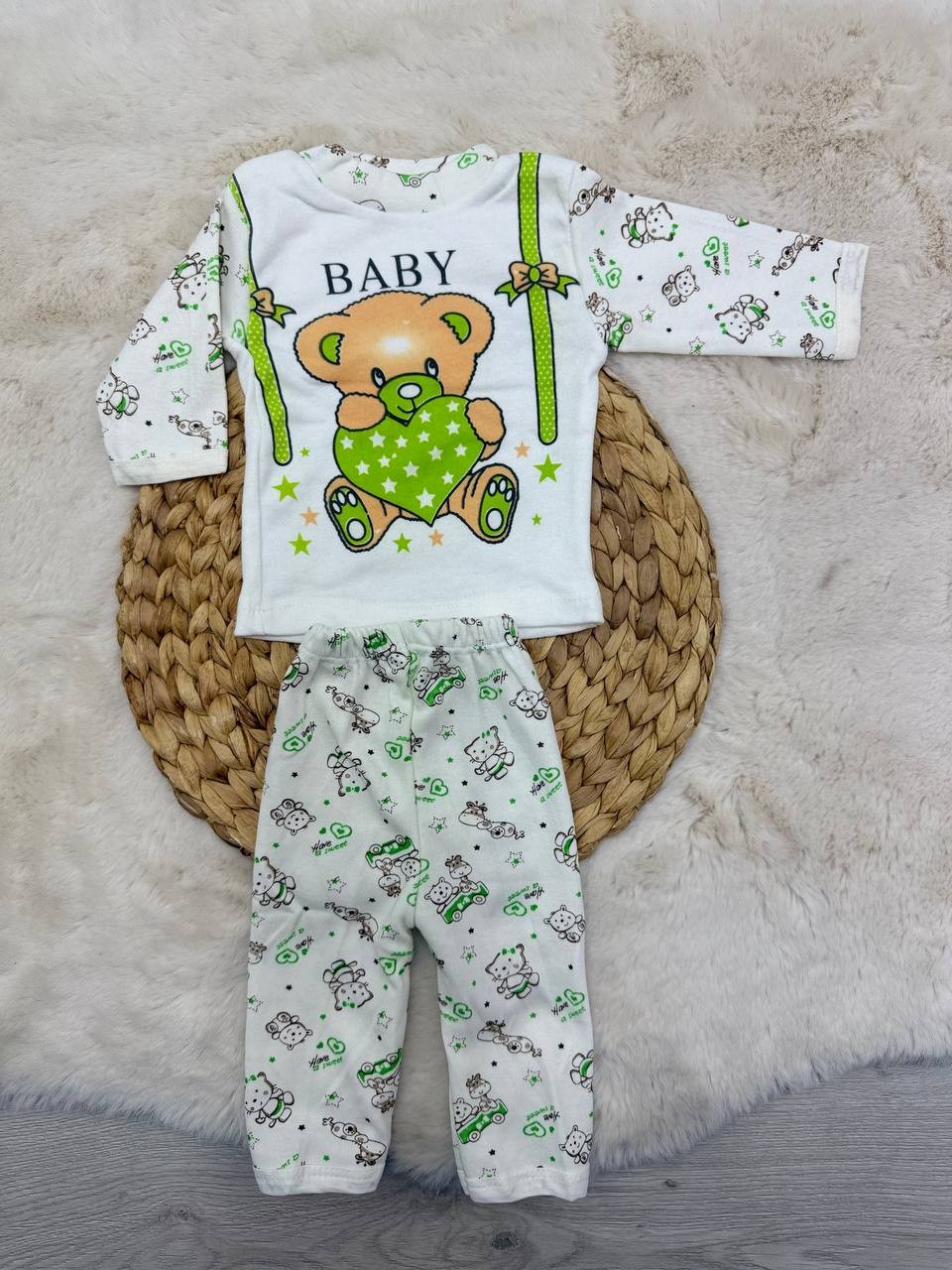 0-3 Ay Baby Kalp Ayıcık Baskılı Takım - YEŞİL