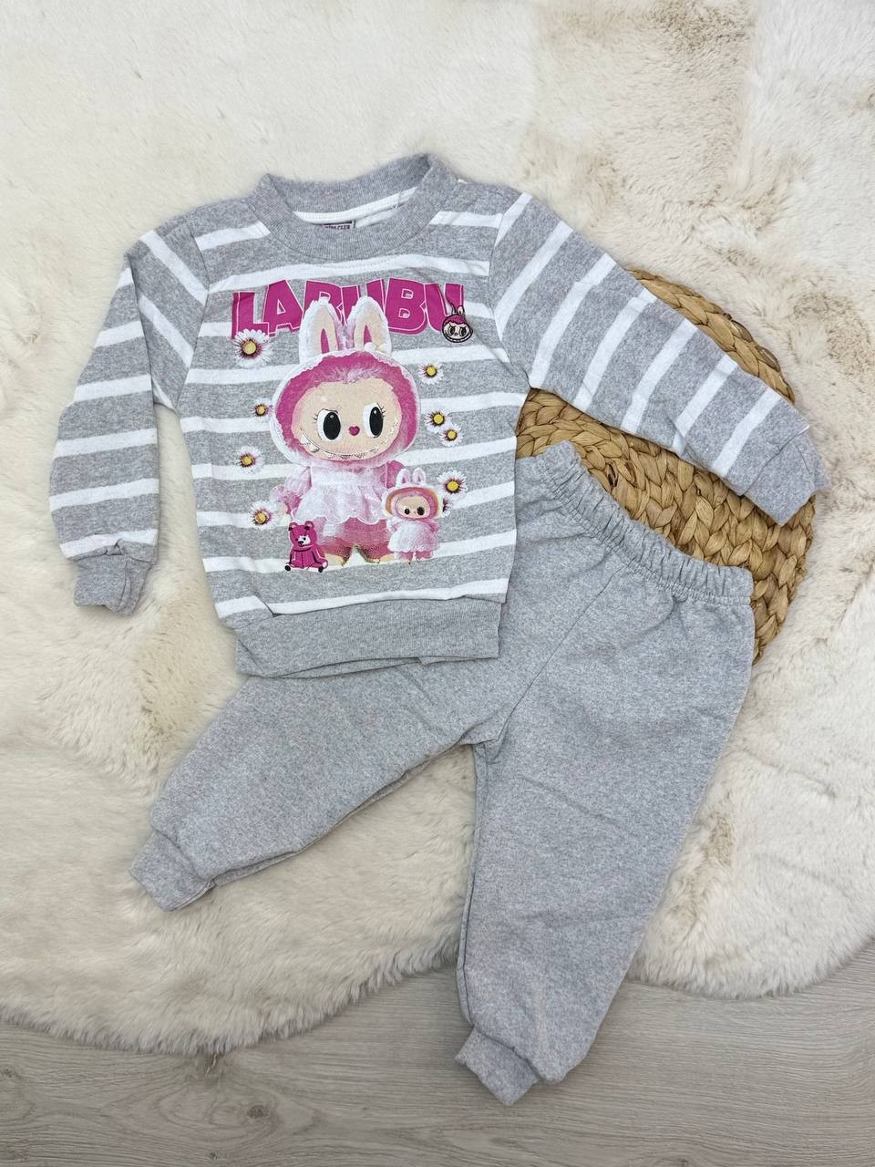 1-10 Yaş Labubu Baskılı Çizgili Takım - GRİ