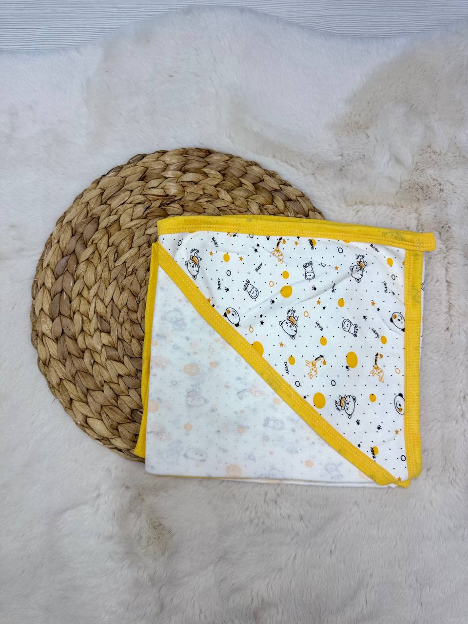 80x90 cm Penye Ayı Zürafa Baskılı Tek Kat Battaniye Kundak  - SARI