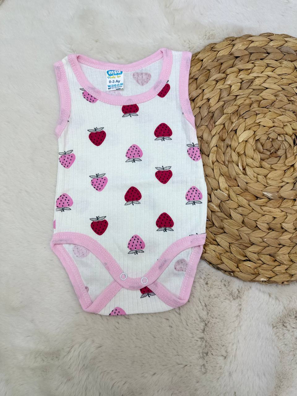 0-4 Yaş Kırmızı-Pembe Çilek Çıtçıtlı Body - PEMBE