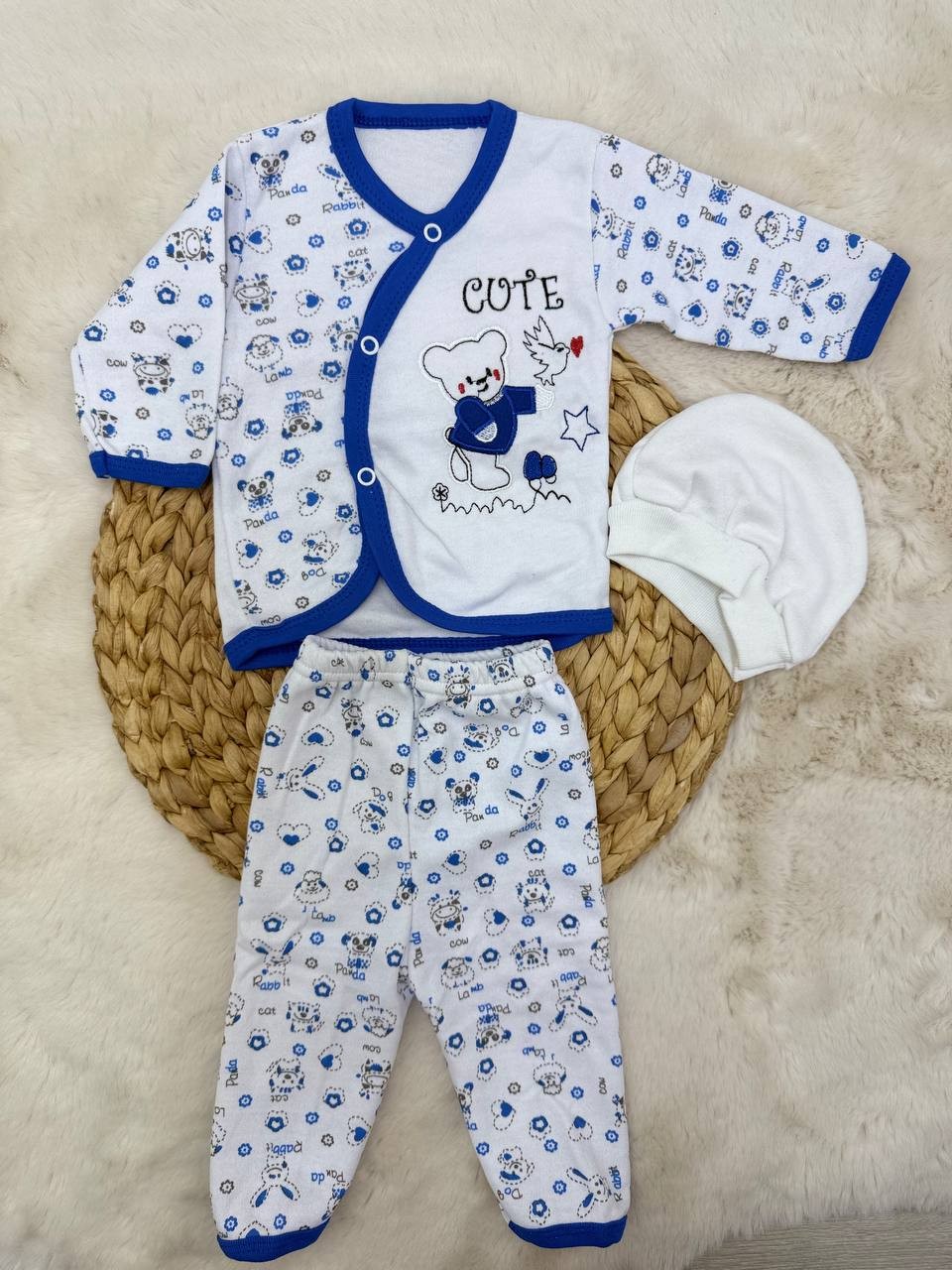 0-3 Ay Cute Ayıcık Nakışlı 3'lü Hastane Çıkışı - MAVİ