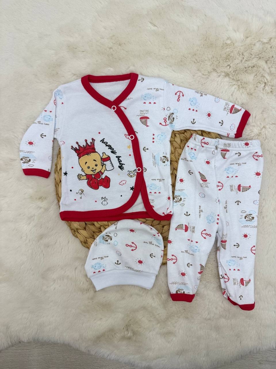 0-3 Ay Happy Baby Şapkalı 3 lü Takım - KIRMIZI
