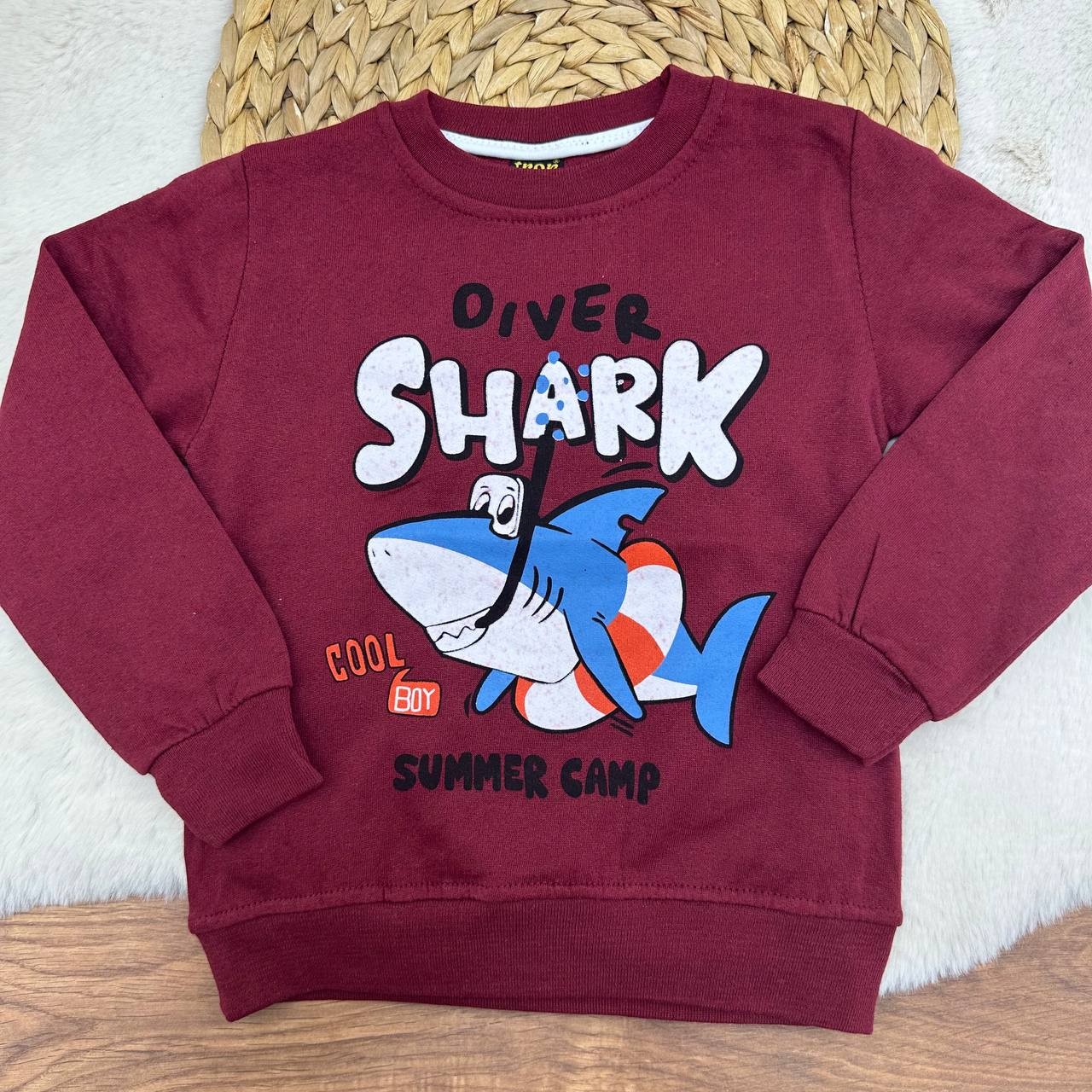 3-12 Yaş Shark Desenli 2 İp Şardonlu Sweatshirt - BORDO