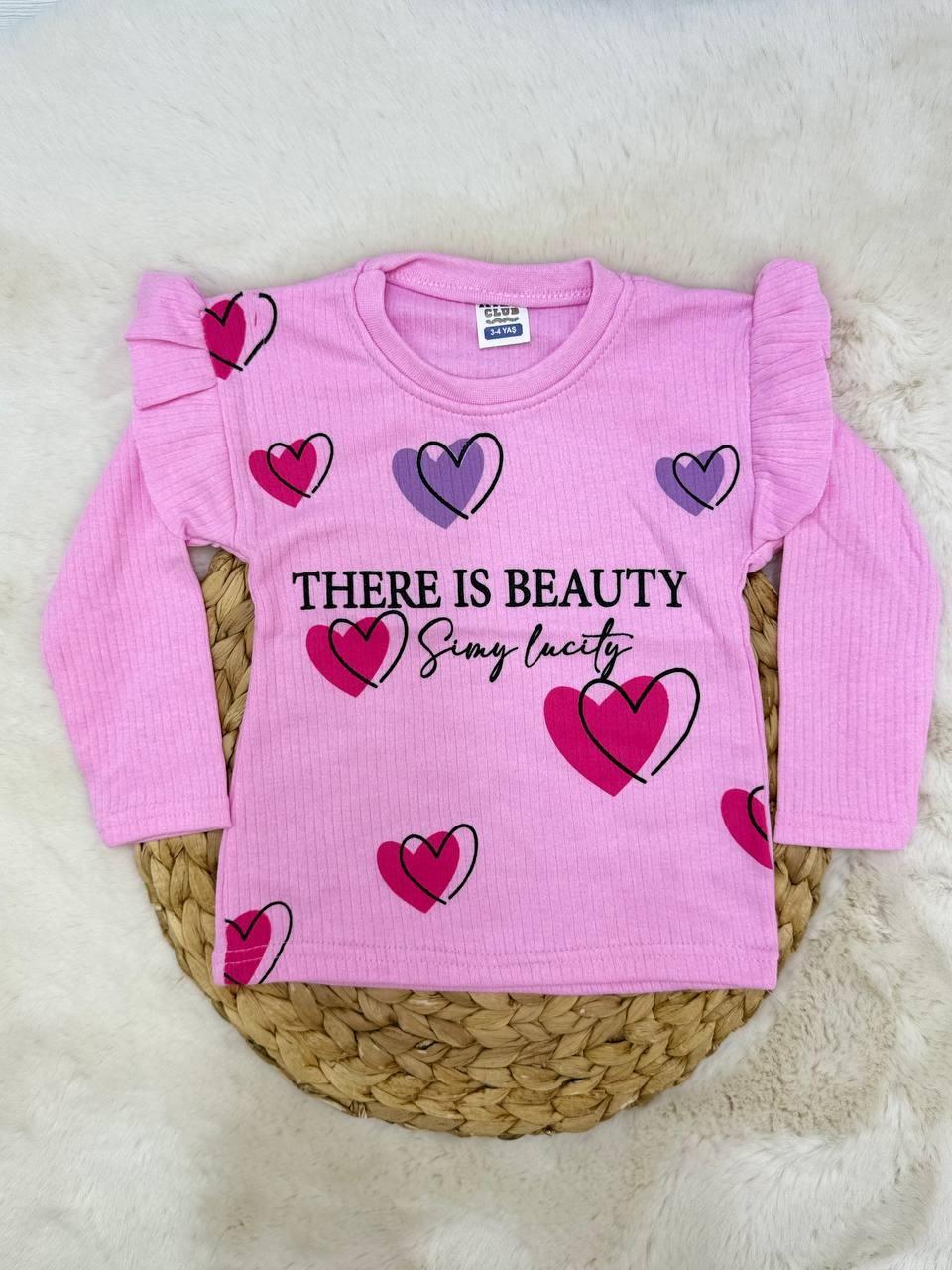 3-12 Yaş Beauty Baskılı Fırfırlı Kız Sweatshirt - PEMBE