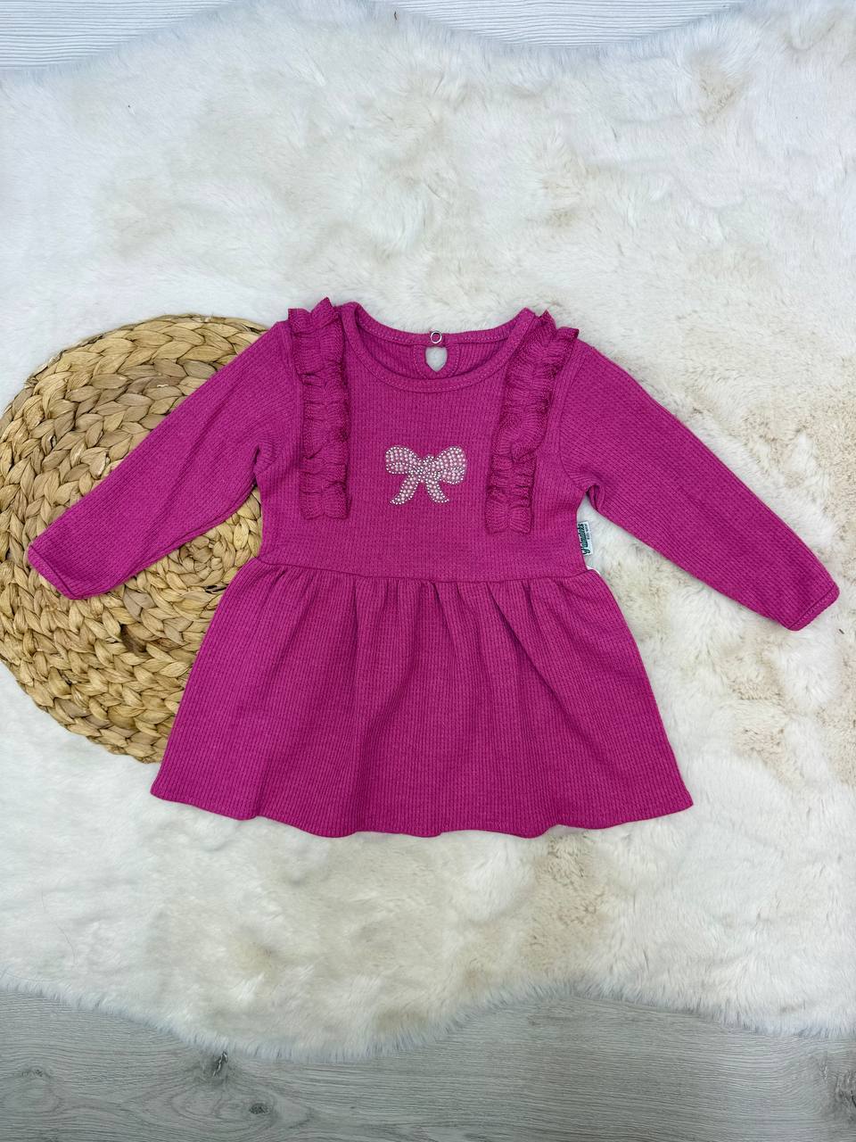 1-4 Yaş Waffle Kumaş Fiyonk Model Elbise - FUŞYA