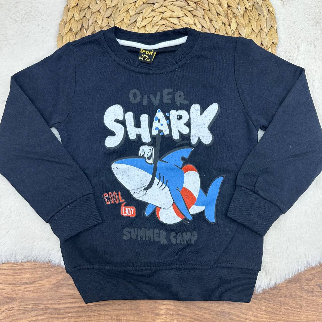 3-12 Yaş Shark Desenli 2 İp Şardonlu Sweatshirt - LACİVERT