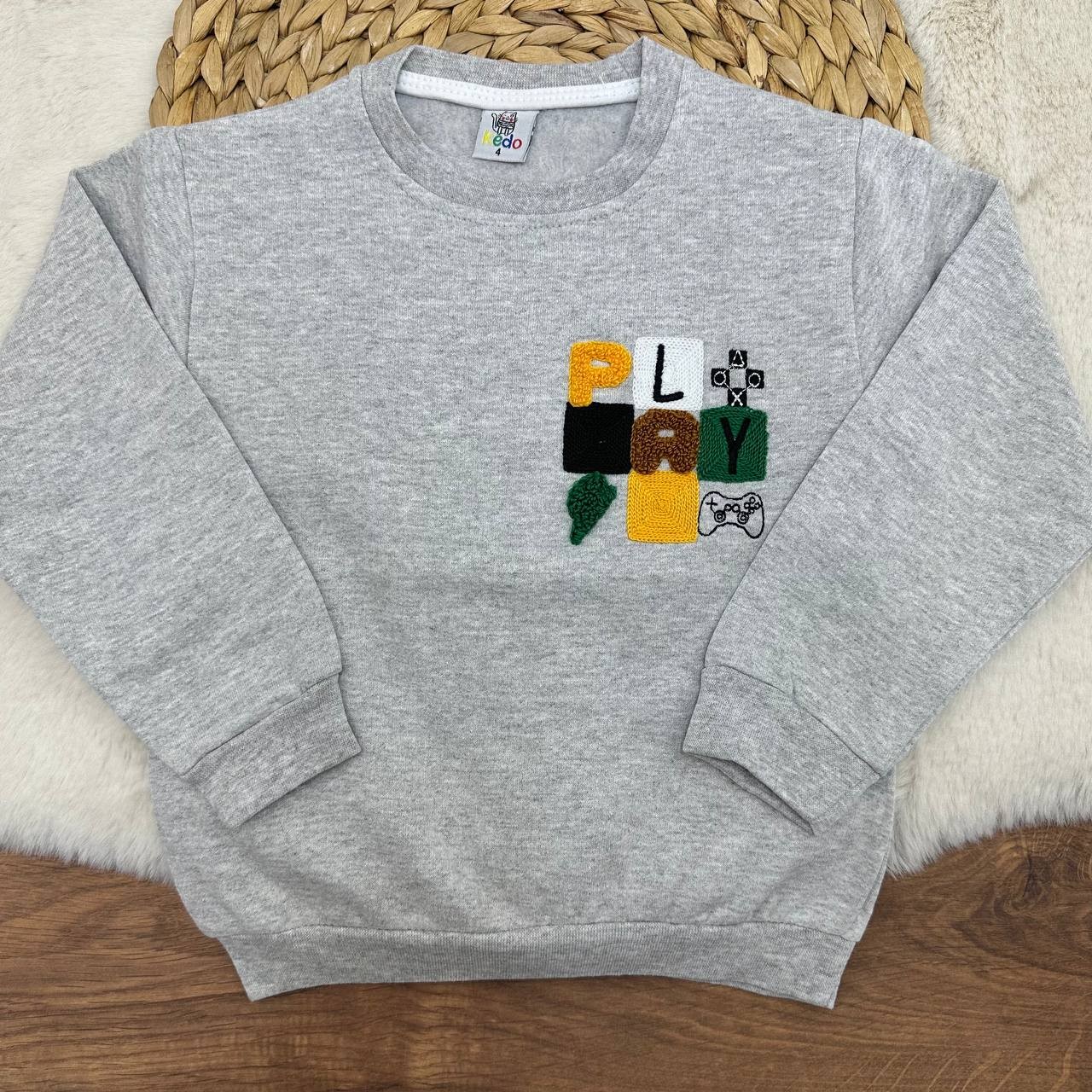 3-12 Yaş Play Nakışlı 2 İp Şardonlu Sweatshirt - GRİ