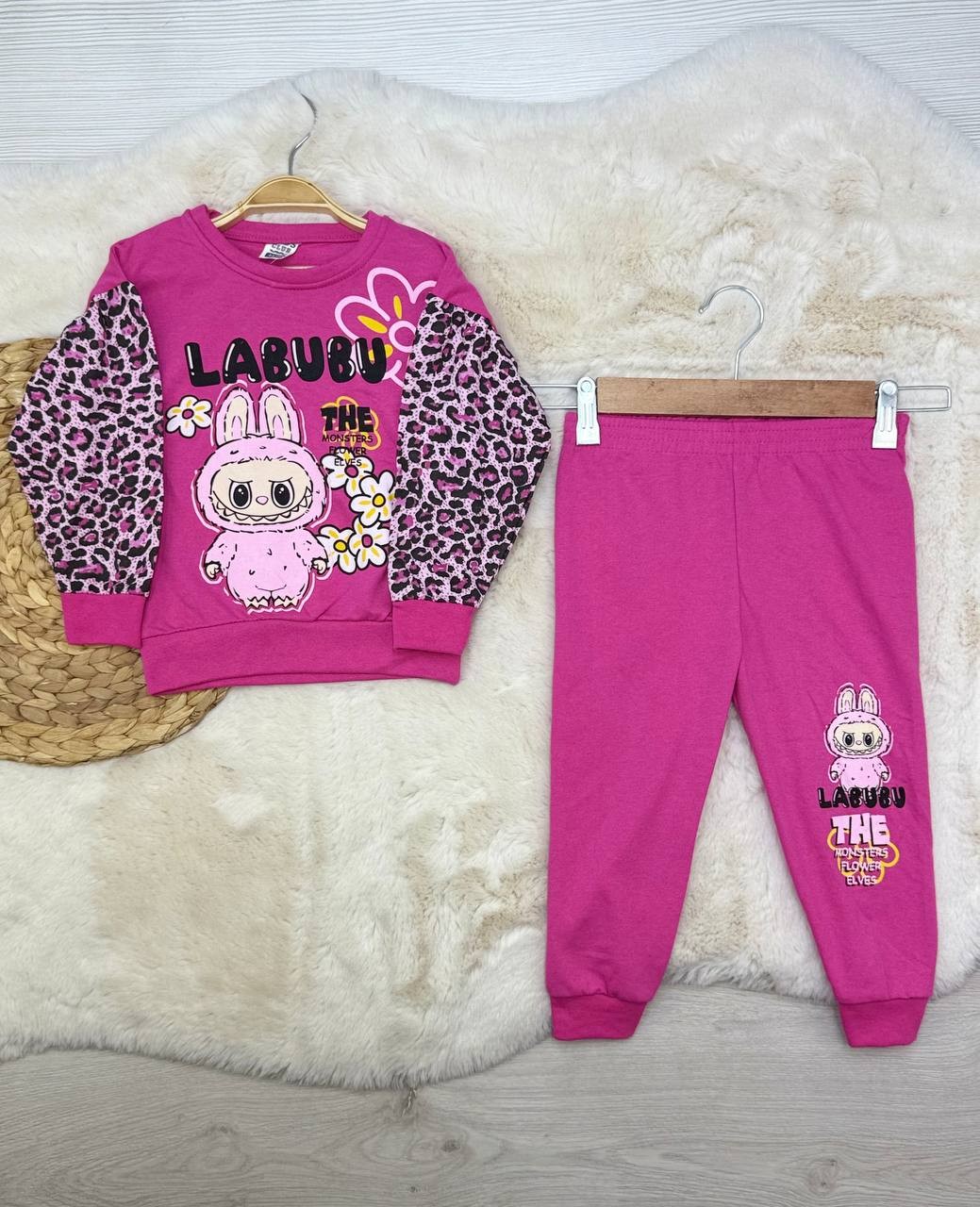 2-6 Yaş Labubu Baskılı Leoparlı Takım - PEMBE