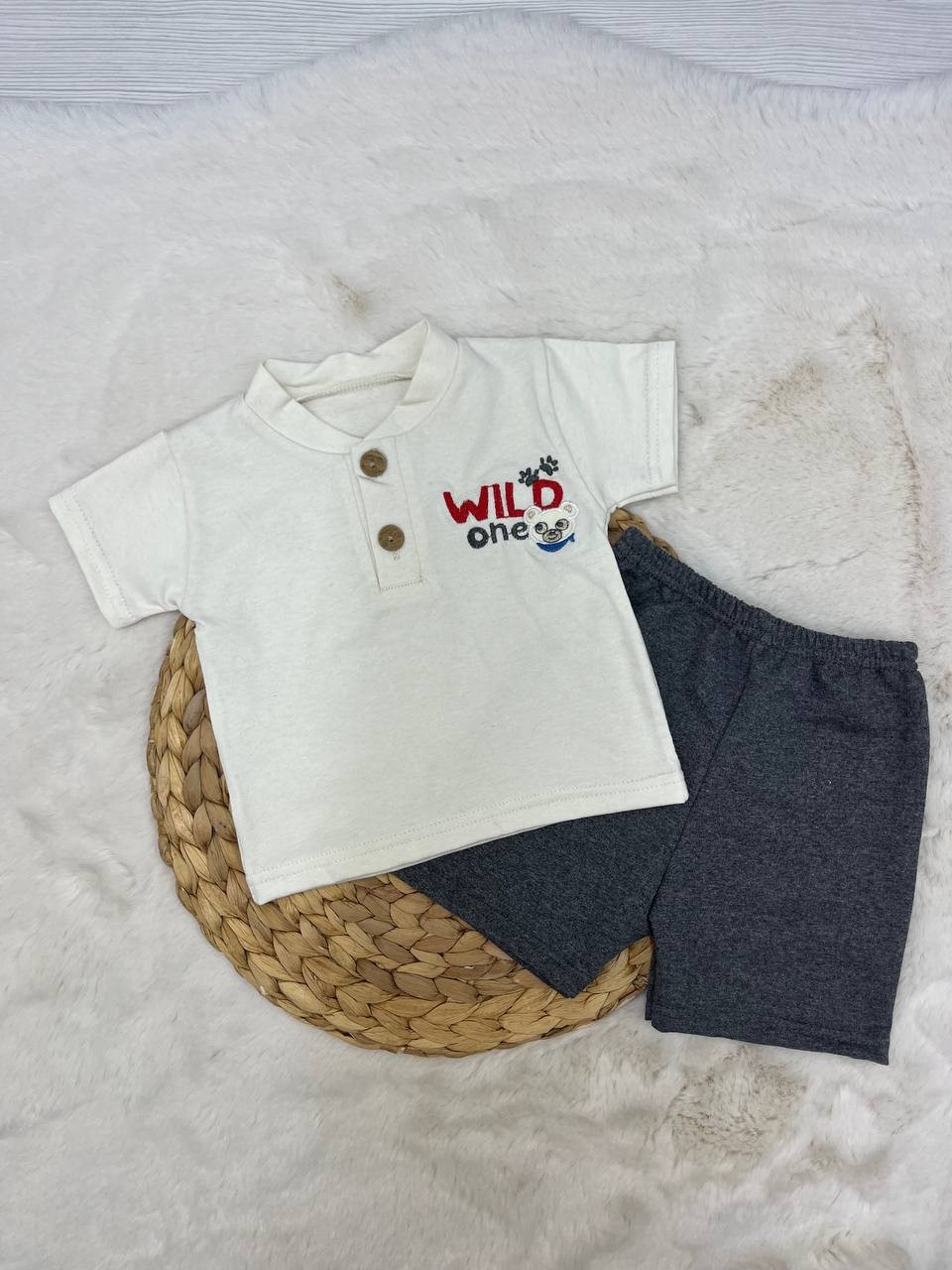 6-12 Ay Wild One Nakışlı Düğmeli Takım - FÜME