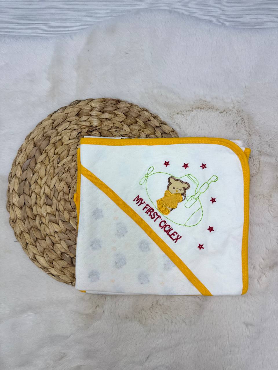 80x90 cm Penye Ayıcık Nakışlı Tek Kat Battaniye Kundak  - SARI